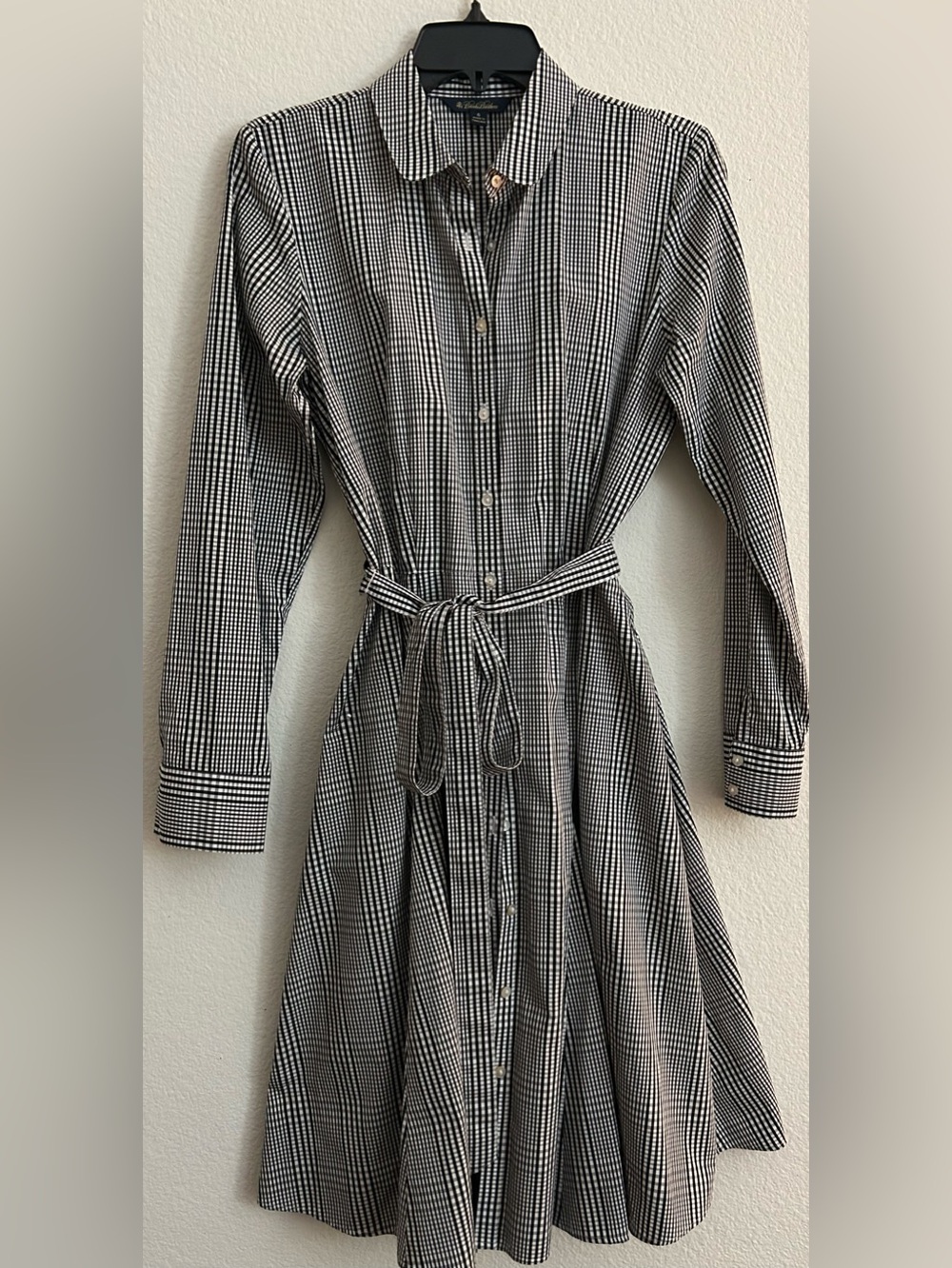 Women Brooks Brothers Black & White cotton plaid Tie-waist shirt sleeve dress